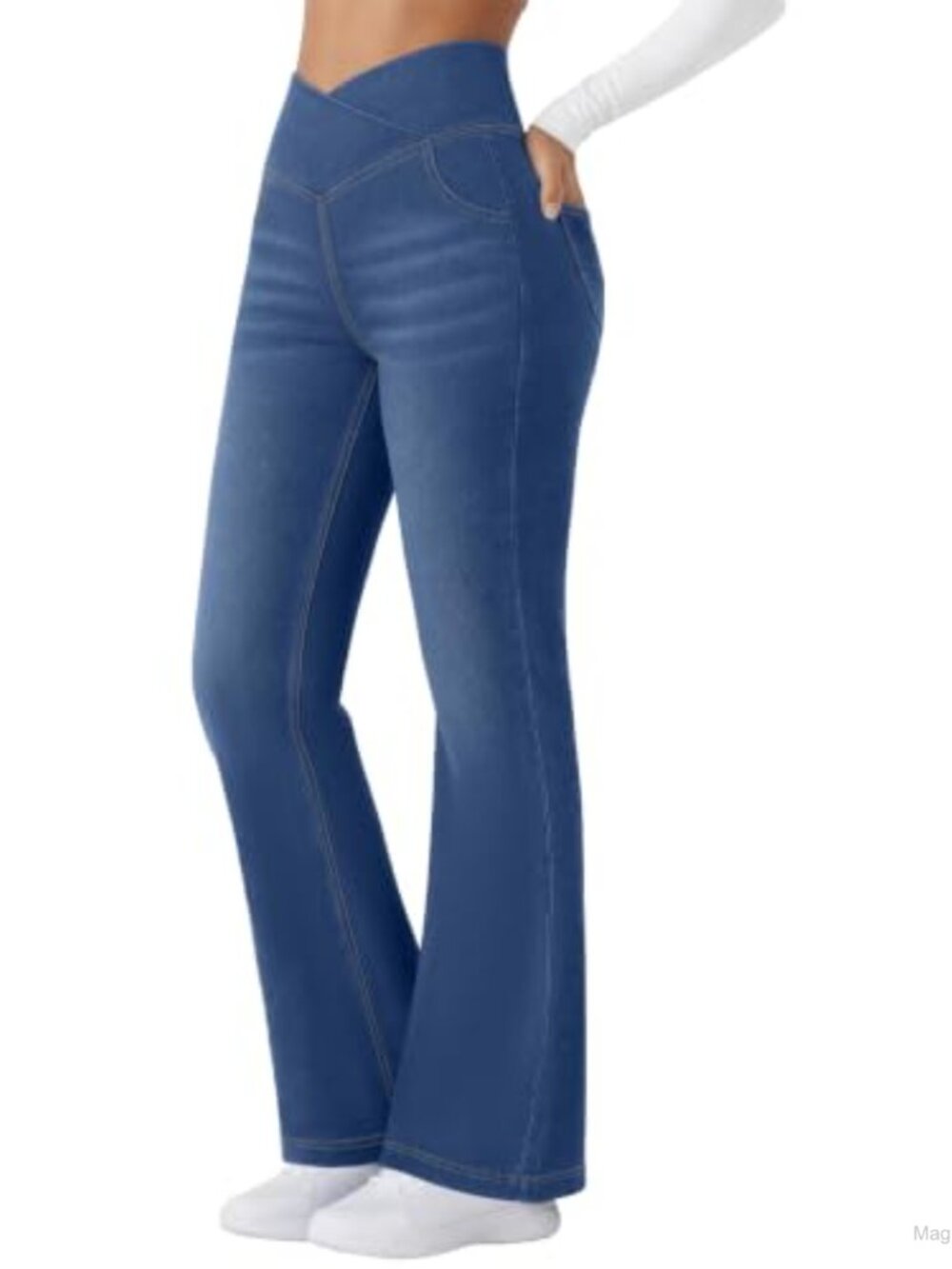 High Waisted Crossover Flare Jeans Pull-On Bootcut Stretch Denim